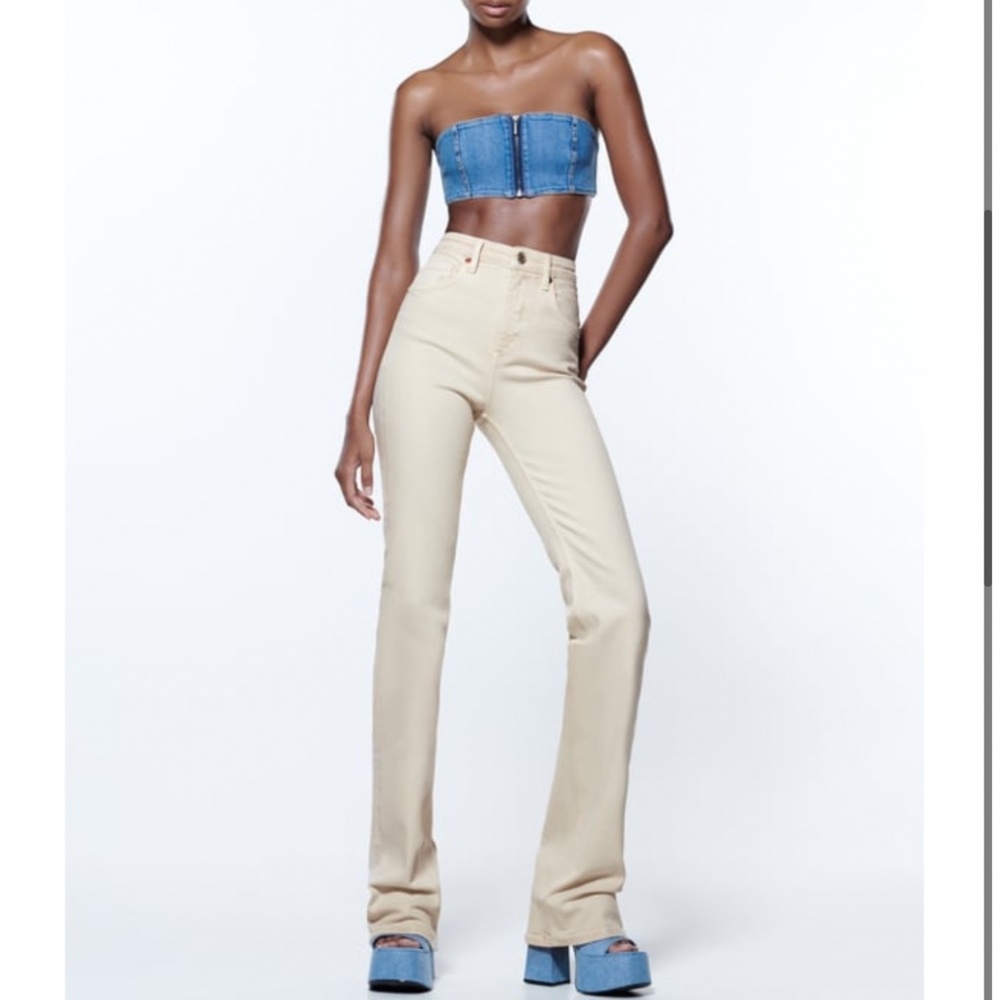 NWT ZARA TRF FULL LENGTH FLARE JEANS SAND